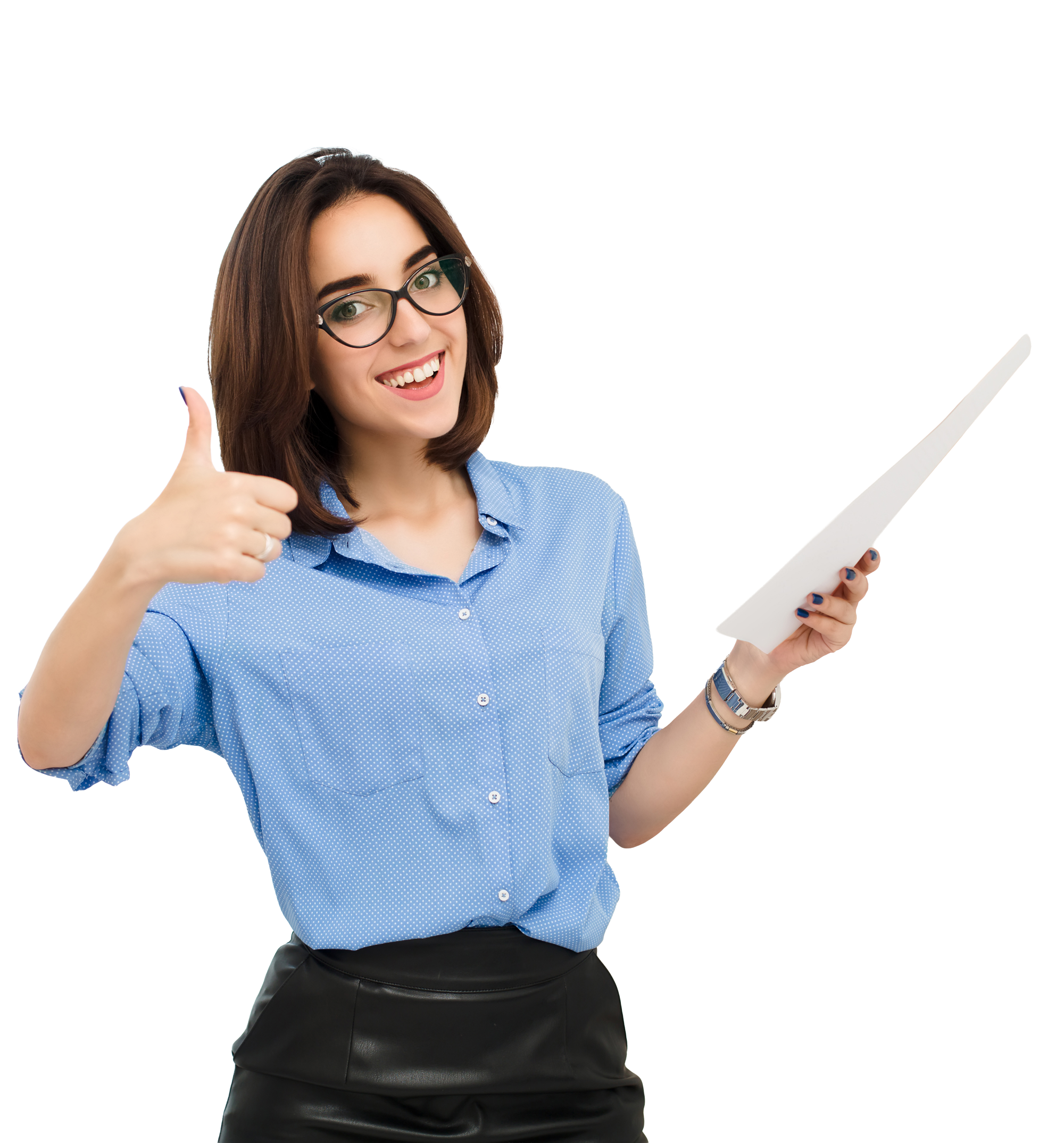 chica-morena-con-camisa-azul-y-falda-negra-esta-de-pie-en-la-oficina-ella-tiene-papel-en-la-mano-se-ve-muy-feliz-con-una-amplia-sonrisa.png