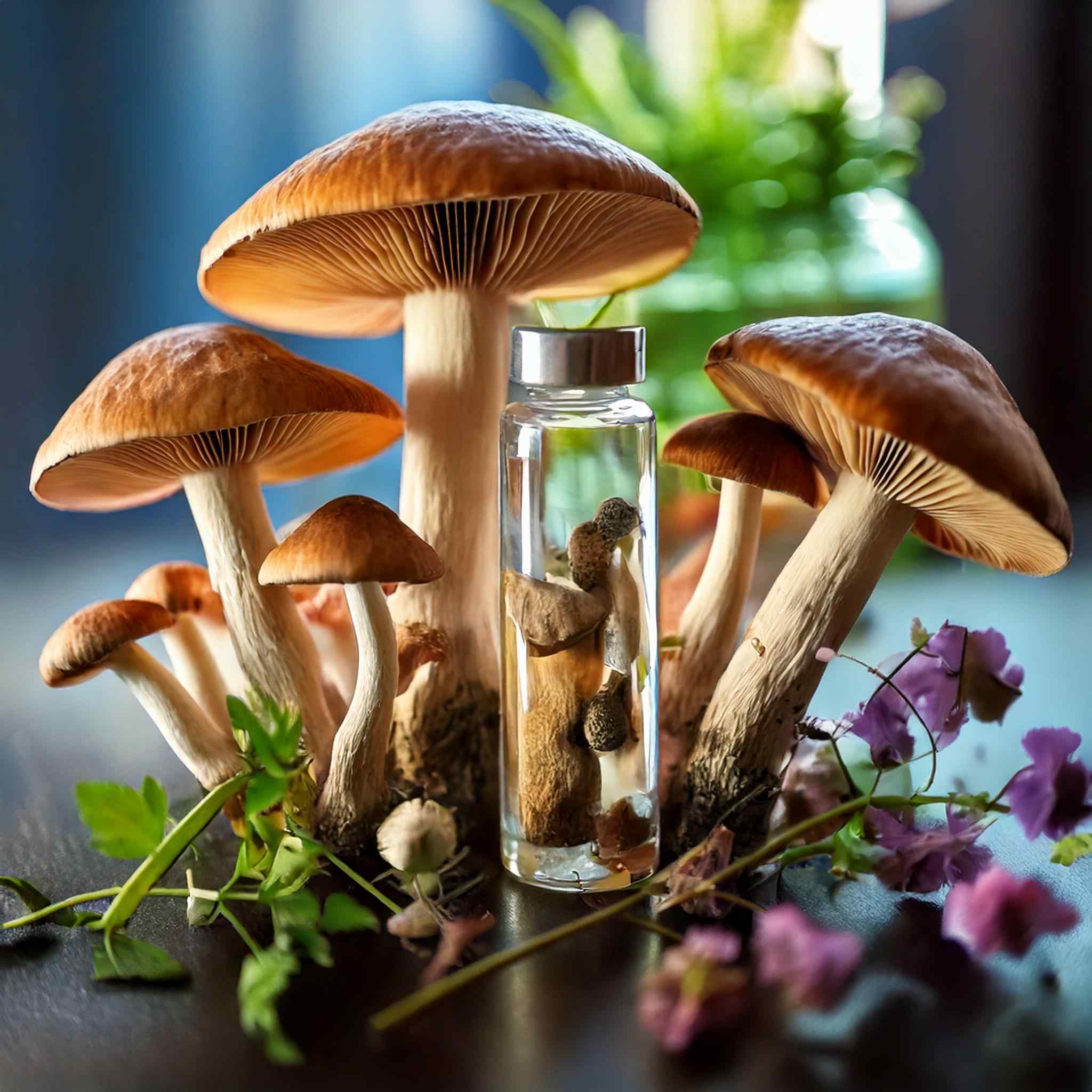 Firefly microdosing psilocybin mushrooms and ayahuasca concept. Show the magic mushrooms inside a gl.jpg