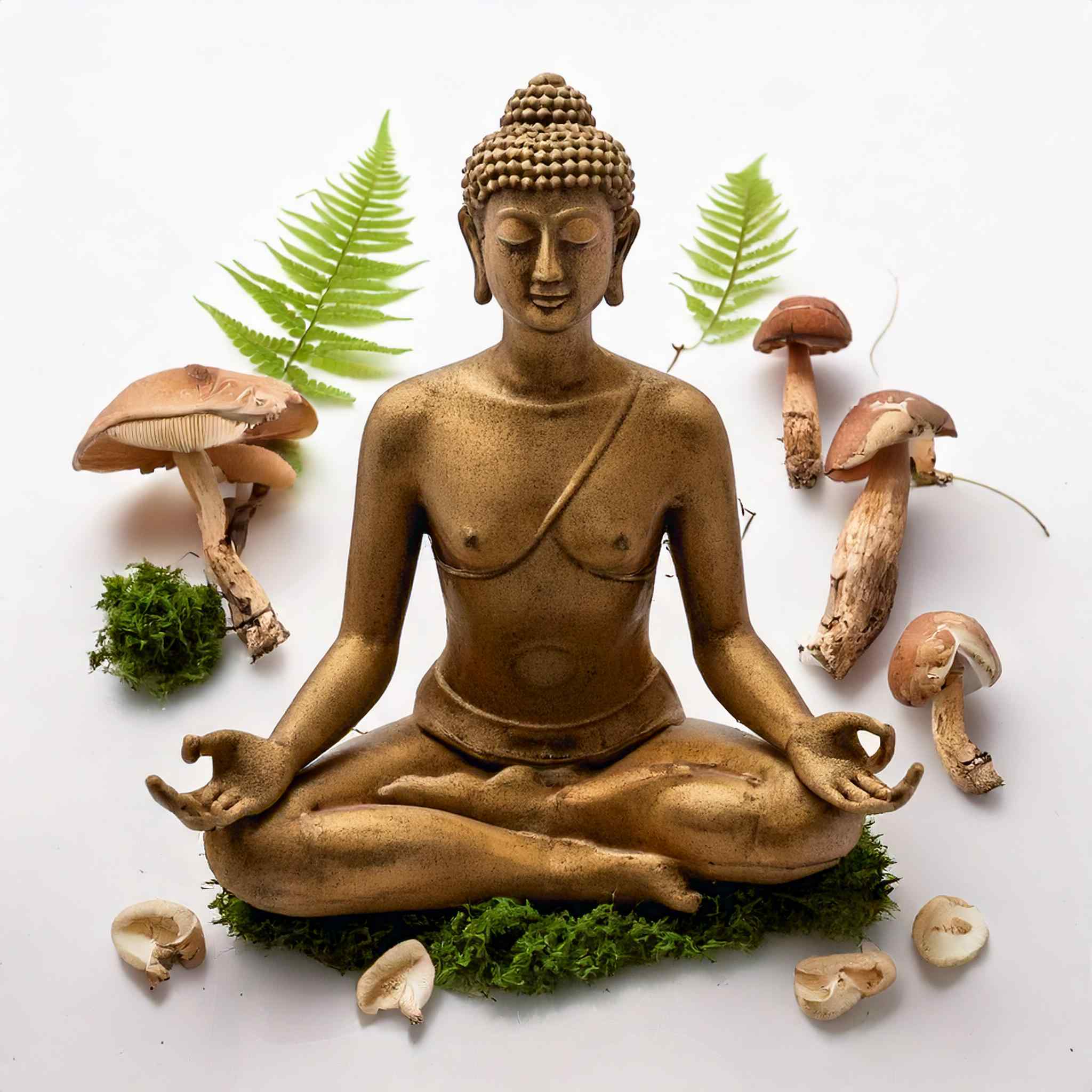 Firefly In a white background show the concept of meditation with mushrooms and ayahuasca plant arou.jpg