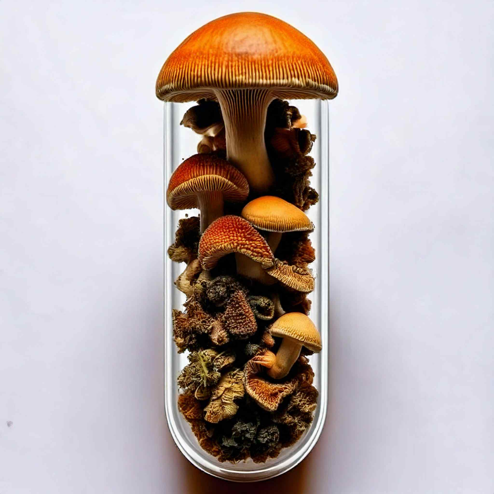 Firefly In a white background show the concept of a microdose of psilocybin mushrooms and ayahuasca .jpg